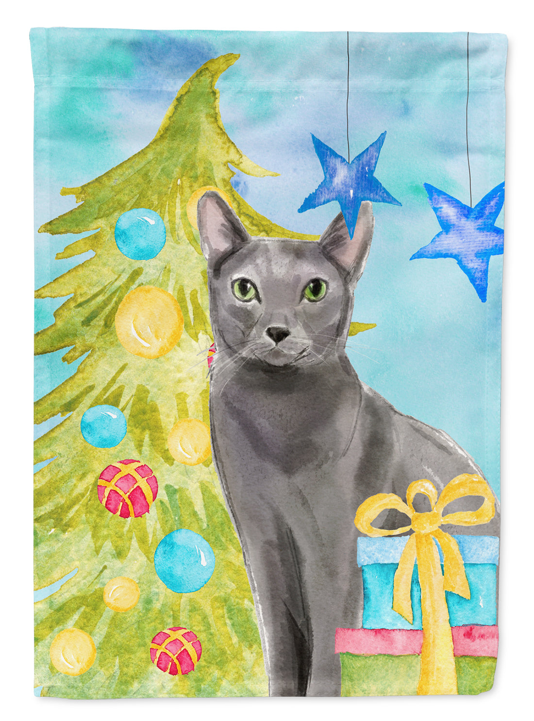 Blue Russian Christmas Presents House Flag 28x40 Porch Sleeve Pole Decorative Outside Yard Banner Artwork Wall Hanging, Polyester