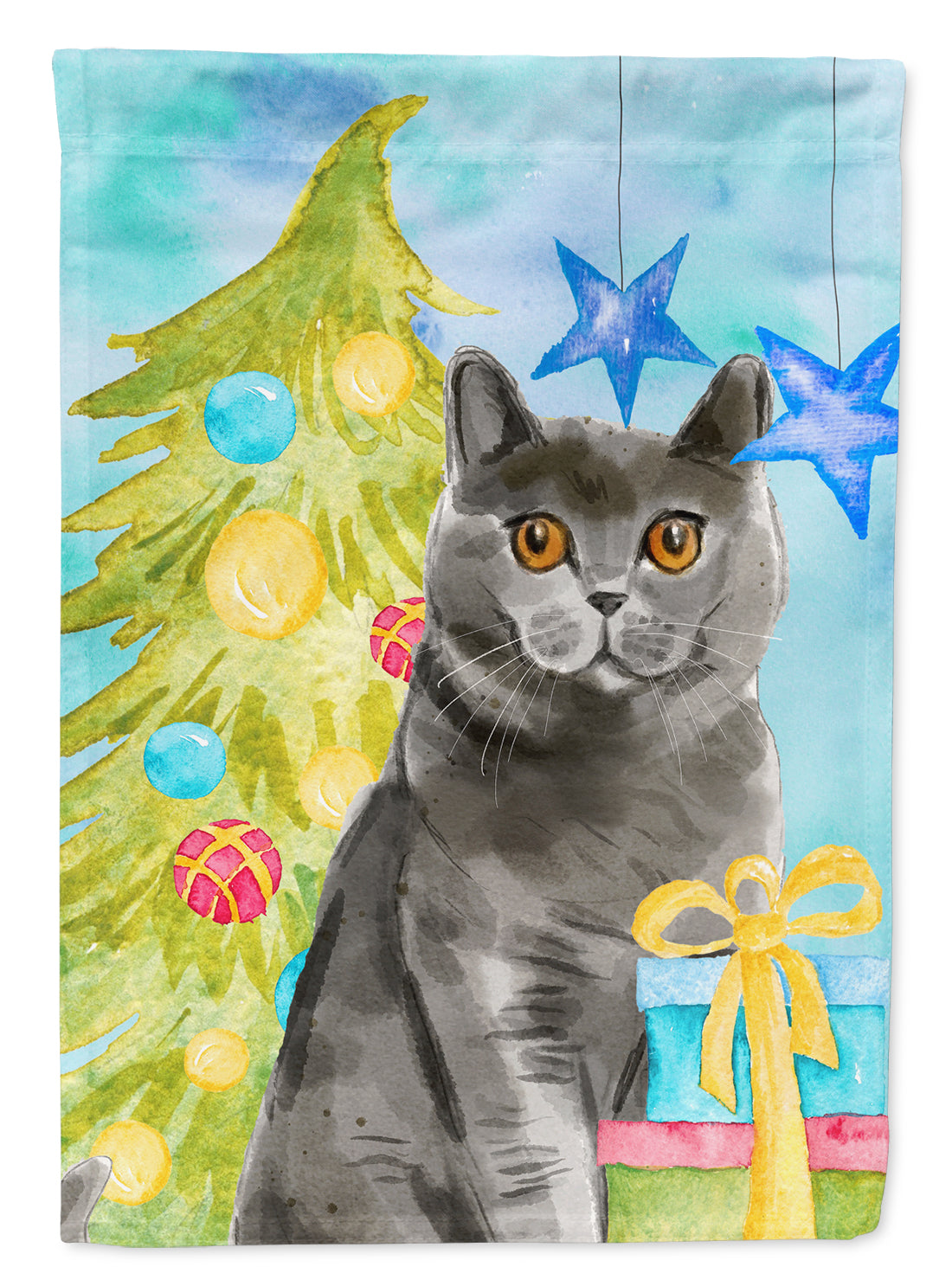 British Shorthair Christmas Presents House Flag 28x40 Porch Sleeve Pole Decorative Outside Yard Banner Artwork Wall Hanging, Polyester