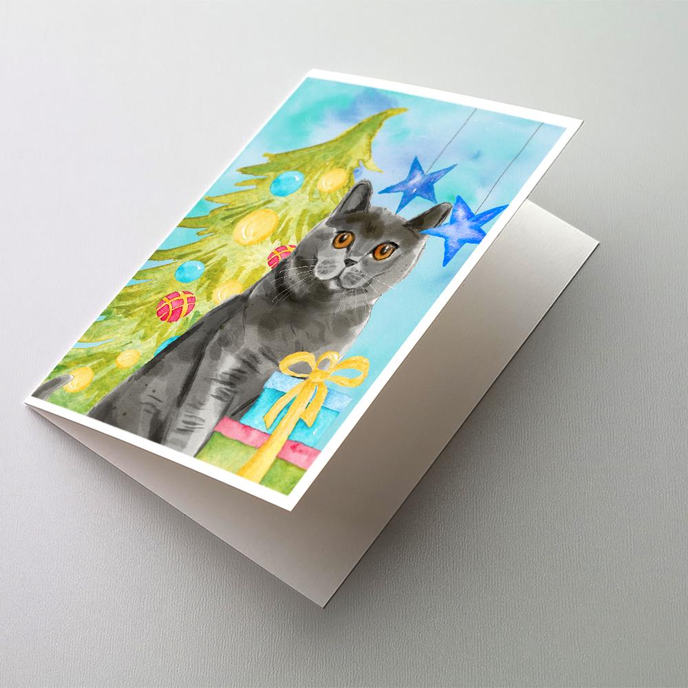 British Shorthair Christmas Presents Greeting Cards Pack of 8 Blank Cards with Envelopes Whimsical A7 Size 5x7