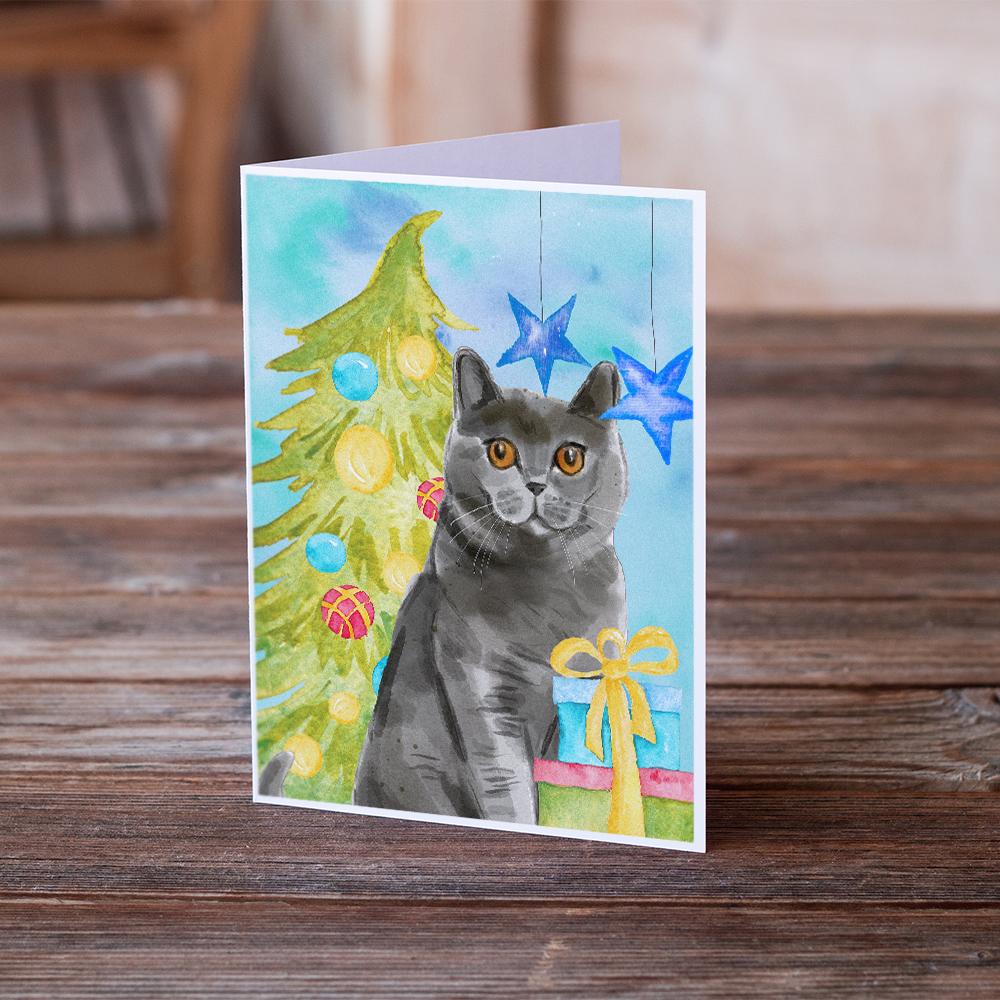 British Shorthair Christmas Presents Greeting Cards Pack of 8 Blank Cards with Envelopes Whimsical A7 Size 5x7