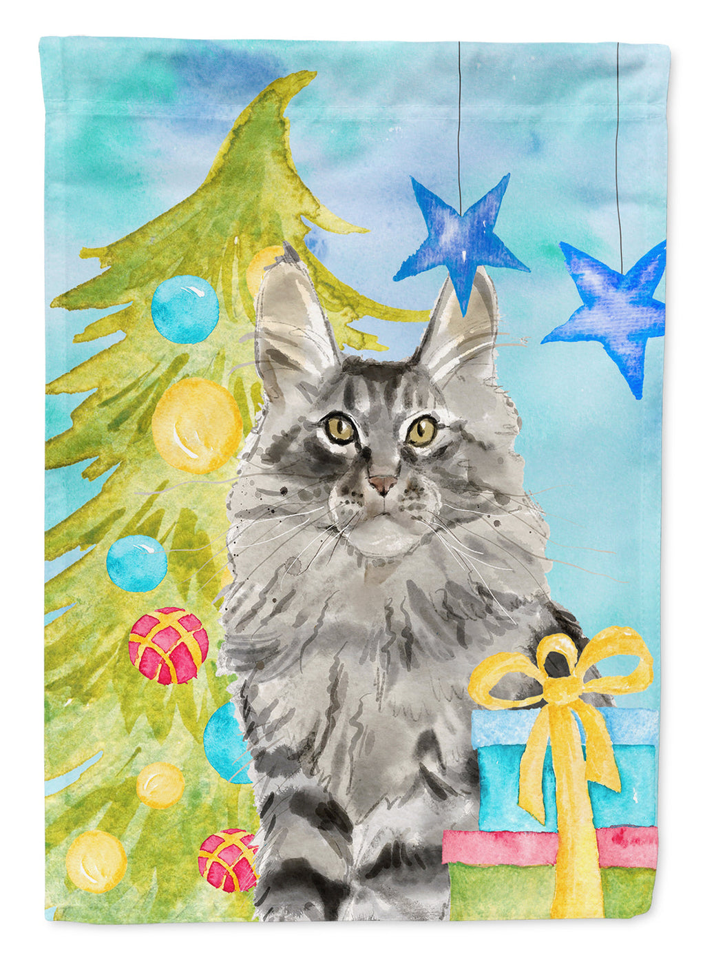 Maine Coon Christmas Presents House Flag 28x40 Porch Sleeve Pole Decorative Outside Yard Banner Artwork Wall Hanging, Polyester