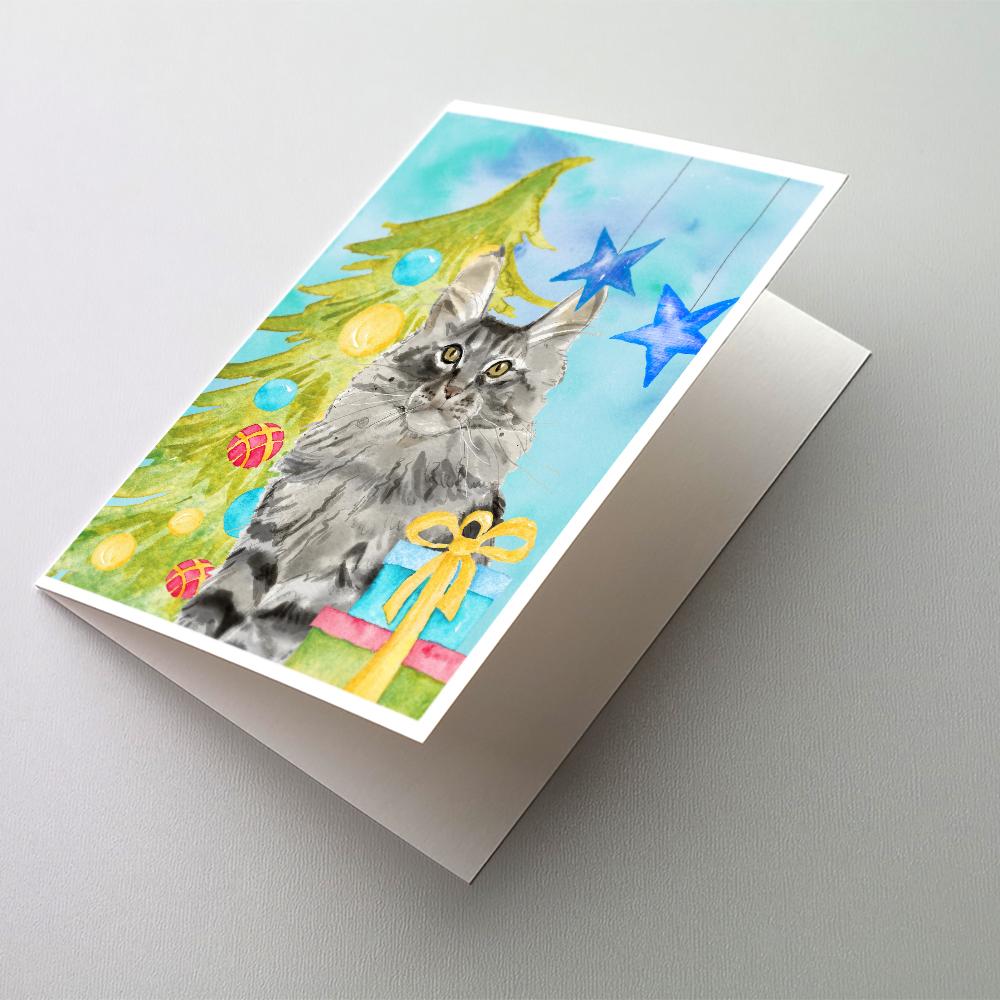 Maine Coon Christmas Presents Greeting Cards Pack of 8 Blank Cards with Envelopes Whimsical A7 Size 5x7