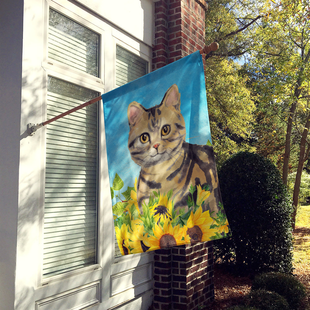 American Shorthair Brown Tabby in Sunflowers House Flag 28x40 Porch Sleeve Pole Decorative Outside Yard Banner Artwork Wall Hanging, Polyester