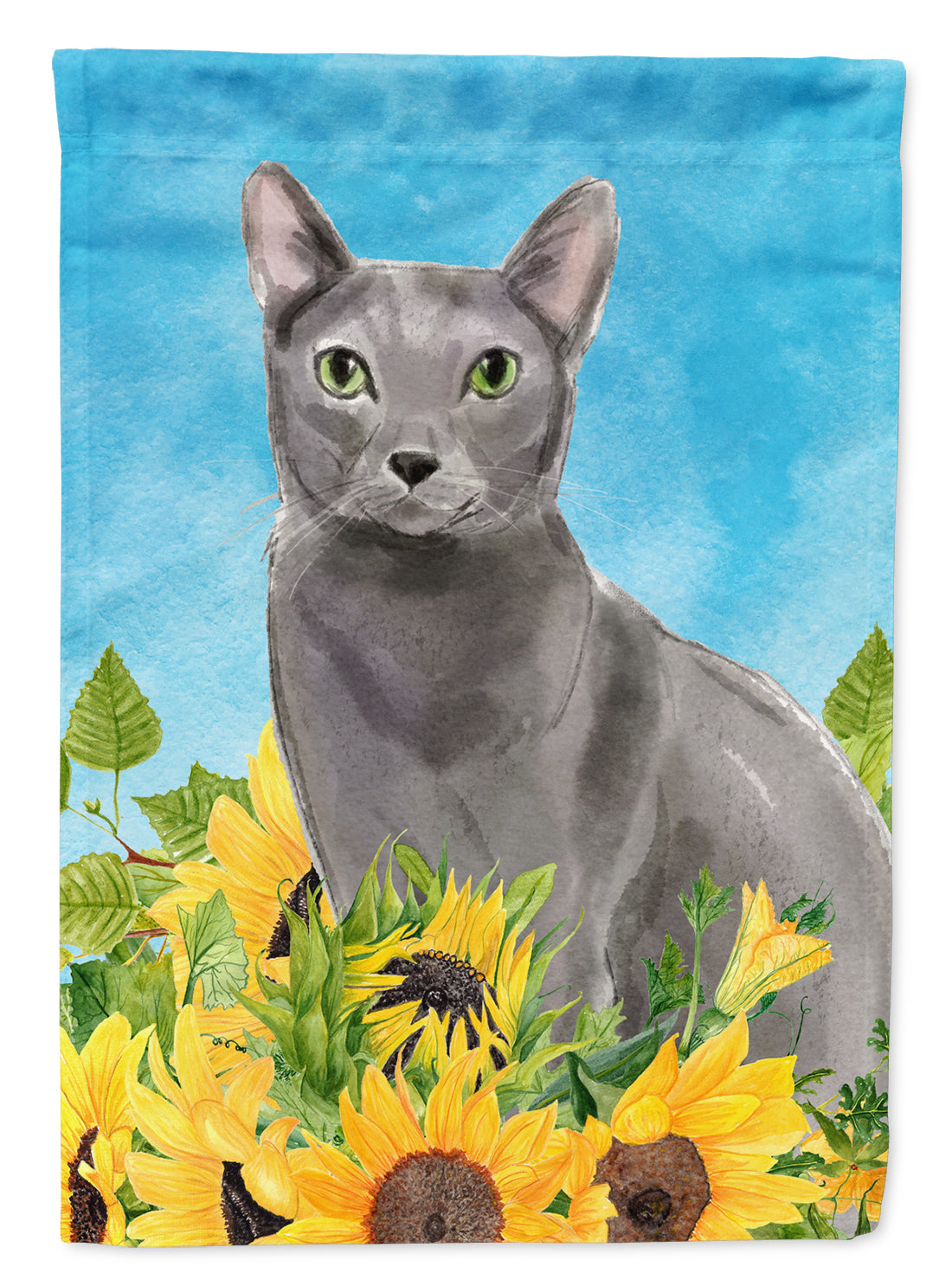 Blue Russian in Sunflowers House Flag 28x40 Porch Sleeve Pole Decorative Outside Yard Banner Artwork Wall Hanging, Polyester