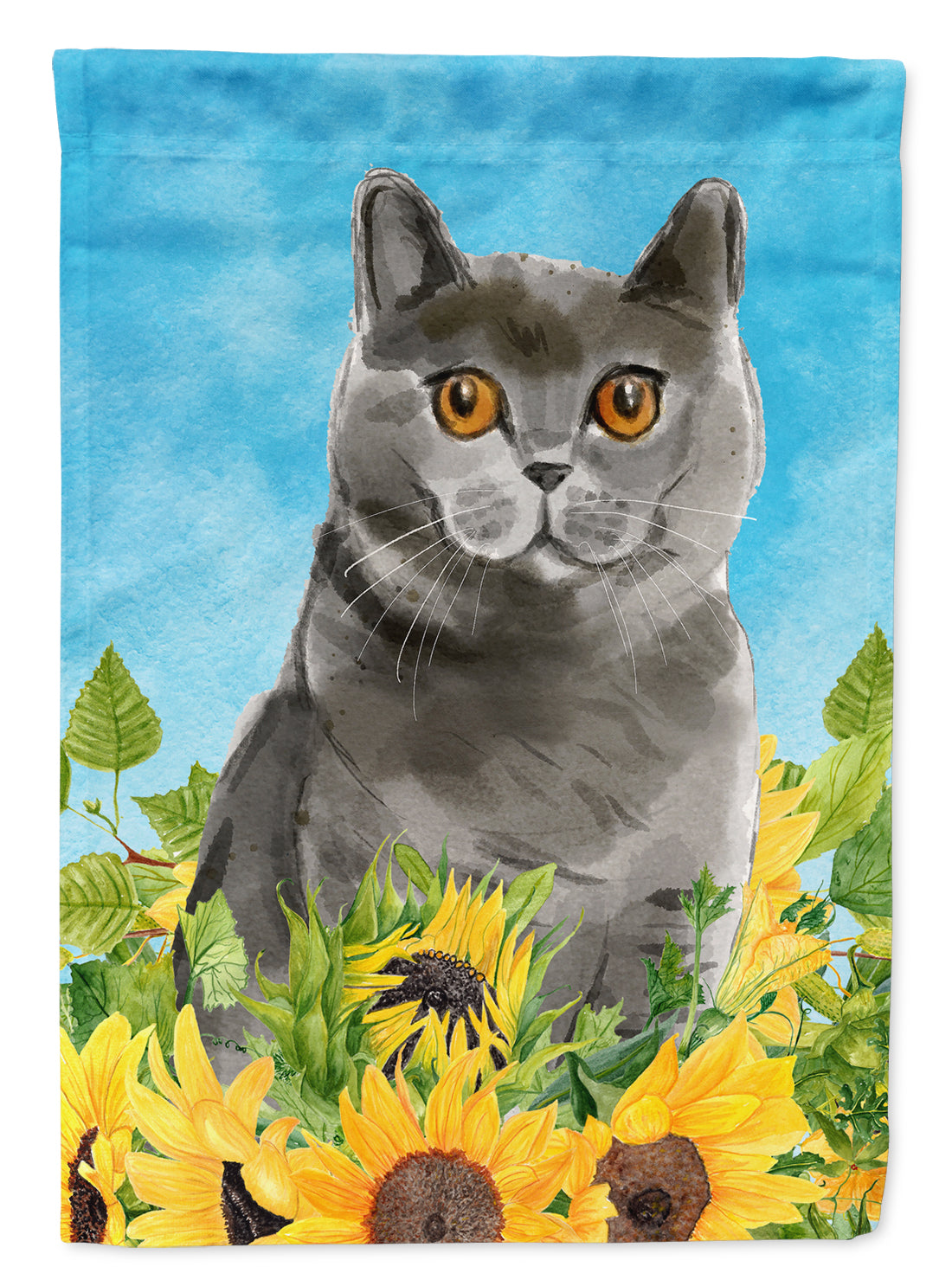 British Shorthair in Sunflowers House Flag 28x40 Porch Sleeve Pole Decorative Outside Yard Banner Artwork Wall Hanging, Polyester