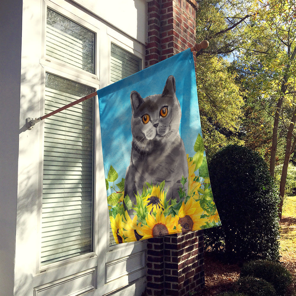 British Shorthair in Sunflowers House Flag 28x40 Porch Sleeve Pole Decorative Outside Yard Banner Artwork Wall Hanging, Polyester