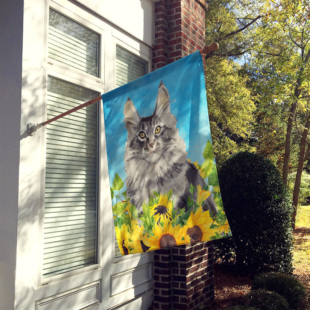 Maine Coon in Sunflowers House Flag 28x40 Porch Sleeve Pole Decorative Outside Yard Banner Artwork Wall Hanging, Polyester