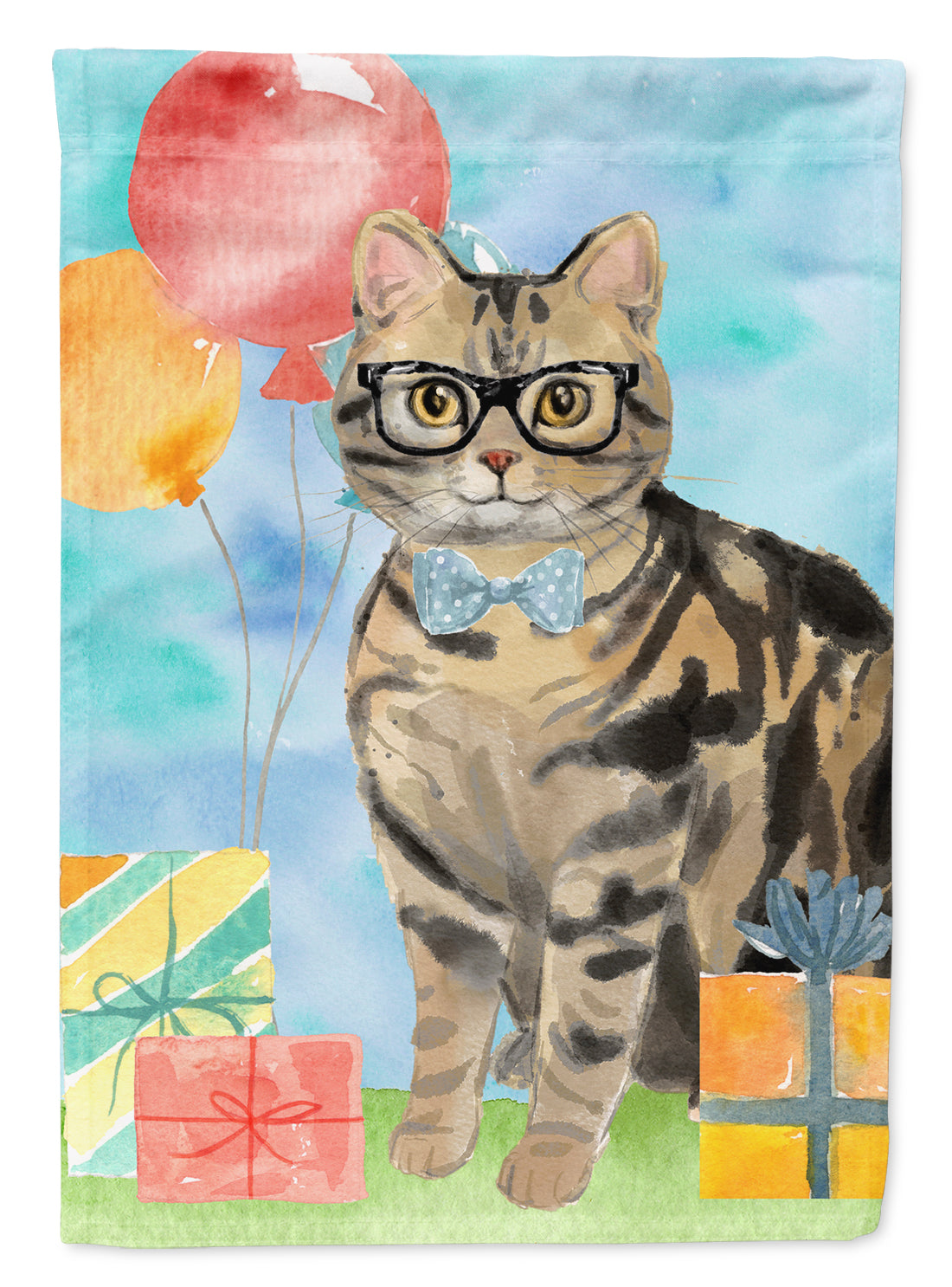 American Shorthair Brown Tabby Happy Birthday House Flag 28x40 Porch Sleeve Pole Decorative Outside Yard Banner Artwork Wall Hanging, Polyester