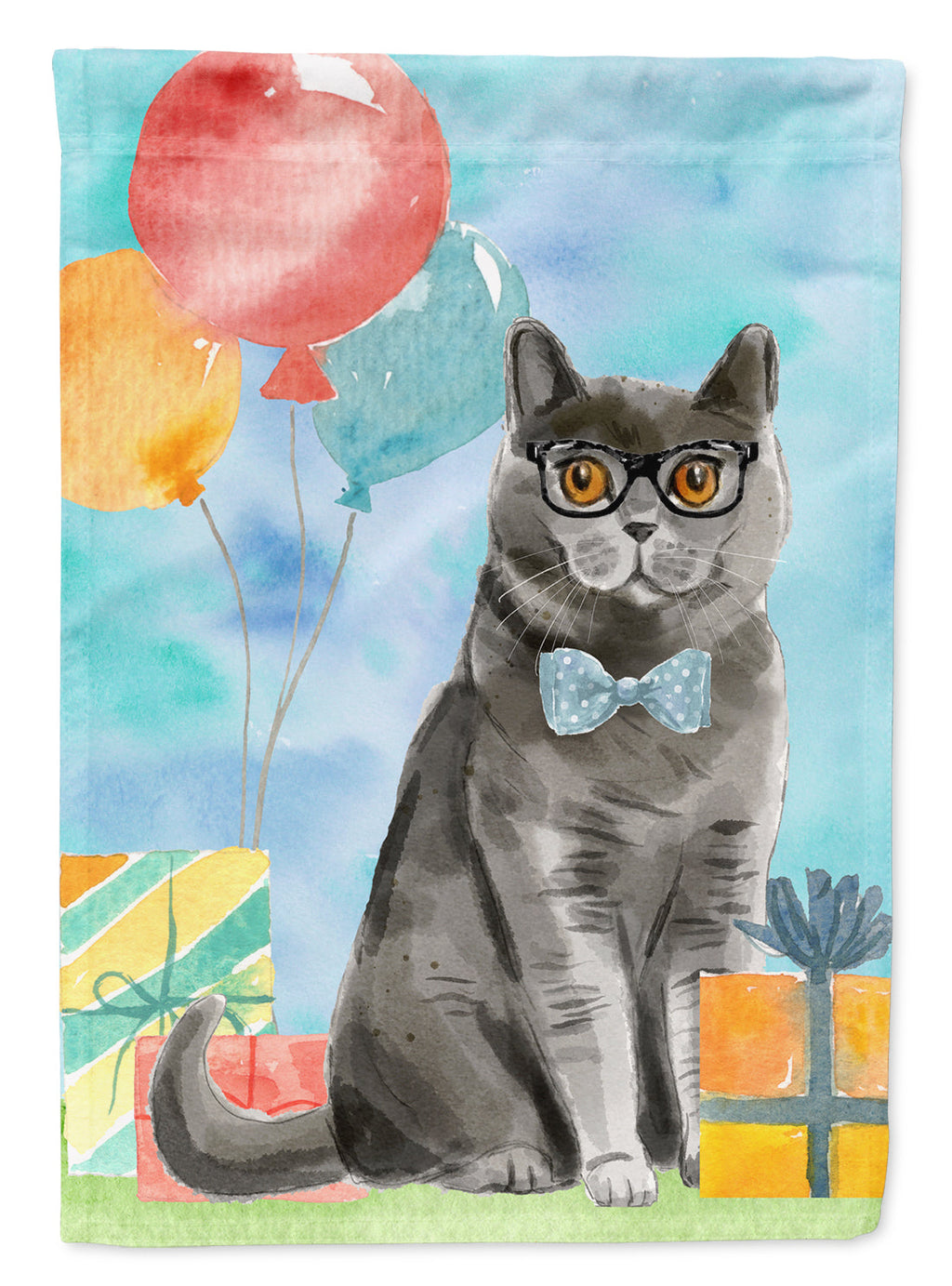 British Shorthair Happy Birthday House Flag 28x40 Porch Sleeve Pole Decorative Outside Yard Banner Artwork Wall Hanging, Polyester