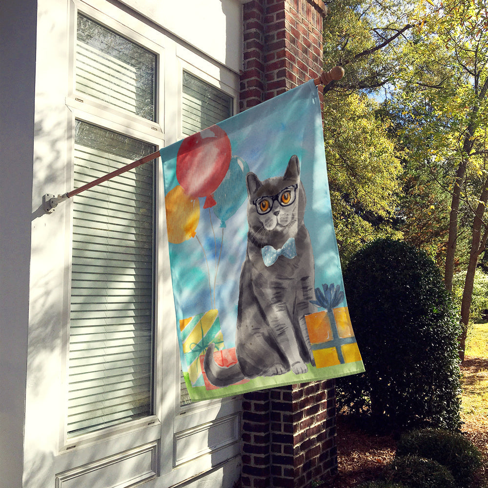 British Shorthair Happy Birthday House Flag 28x40 Porch Sleeve Pole Decorative Outside Yard Banner Artwork Wall Hanging, Polyester