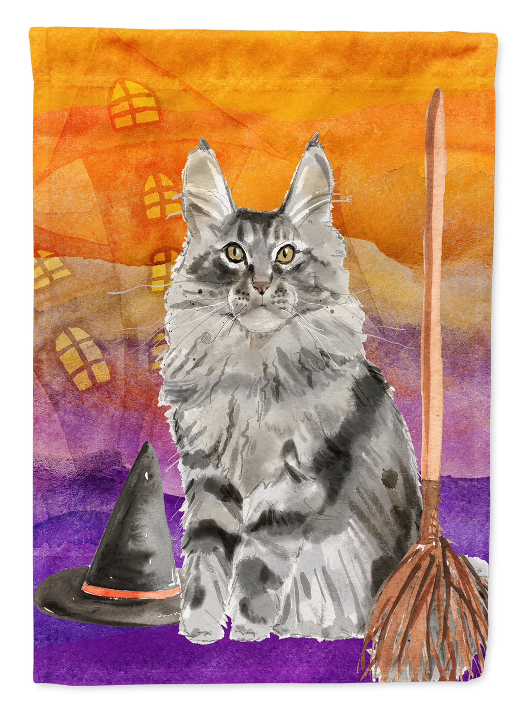 Maine Coon Halloween House Flag 28x40 Porch Sleeve Pole Decorative Outside Yard Banner Artwork Wall Hanging, Polyester