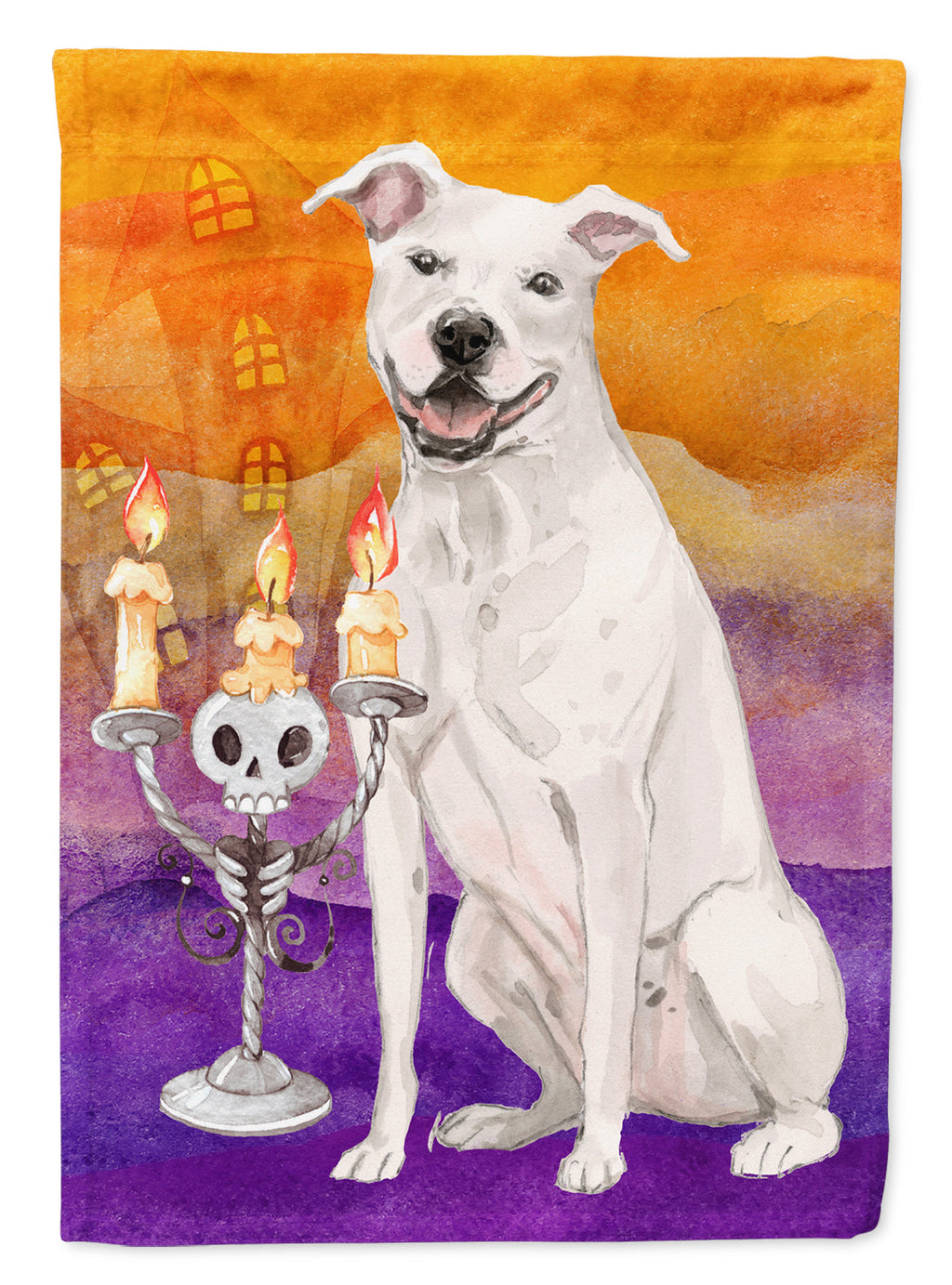 Halloween White Staffordshire Bull Terrier House Flag 28x40 Porch Sleeve Pole Decorative Outside Yard Banner Artwork Wall Hanging, Polyester