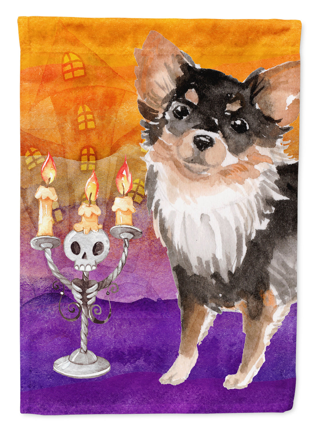 Halloween Long Haired Chihuahua House Flag 28x40 Porch Sleeve Pole Decorative Outside Yard Banner Artwork Wall Hanging, Polyester