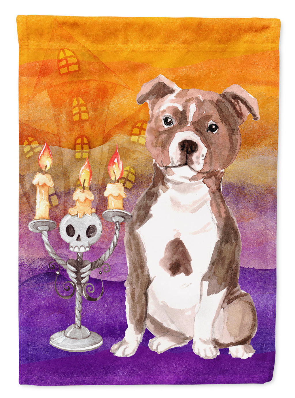 Halloween Red Staffie Bull House Flag 28x40 Porch Sleeve Pole Decorative Outside Yard Banner Artwork Wall Hanging, Polyester