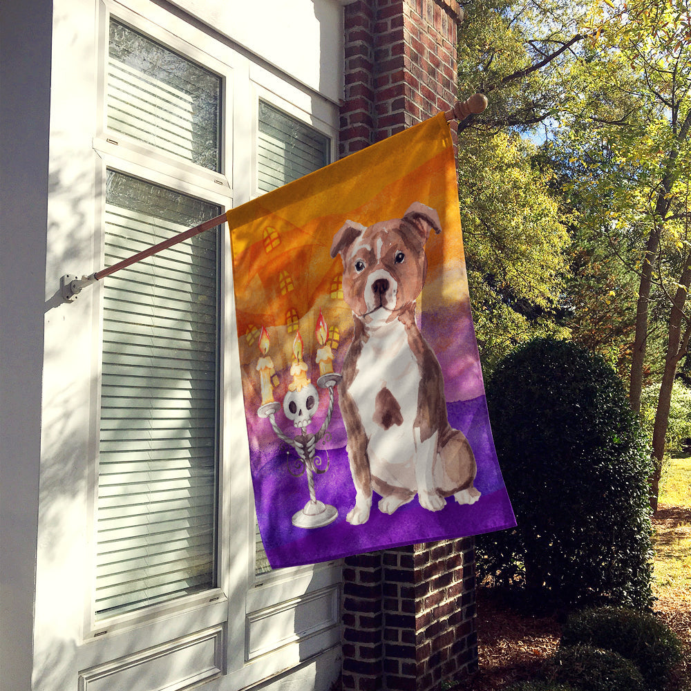 Halloween Red Staffie Bull House Flag 28x40 Porch Sleeve Pole Decorative Outside Yard Banner Artwork Wall Hanging, Polyester