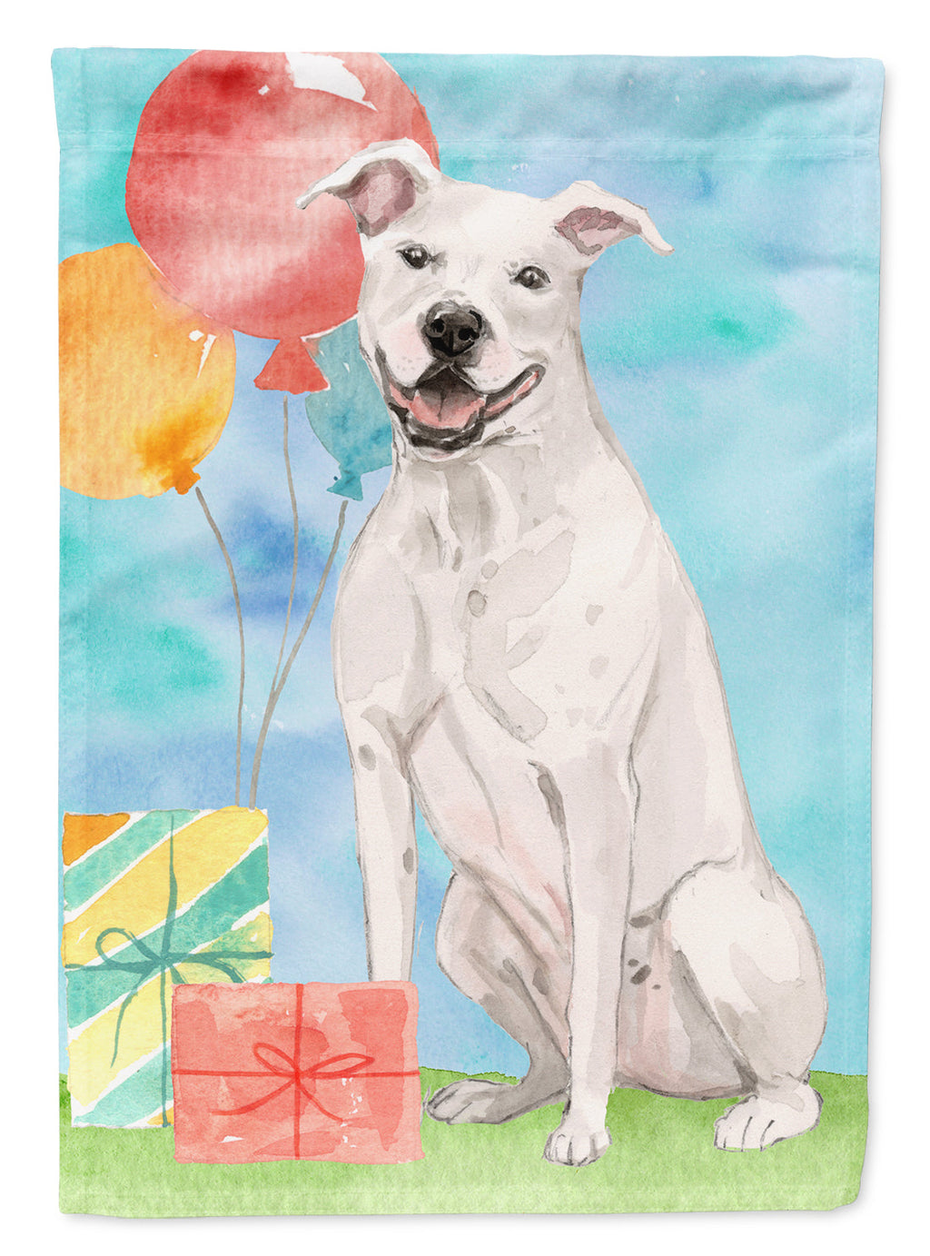 Happy Birthday White Staffordshire Bull Terrier House Flag 28x40 Porch Sleeve Pole Decorative Outside Yard Banner Artwork Wall Hanging, Polyester