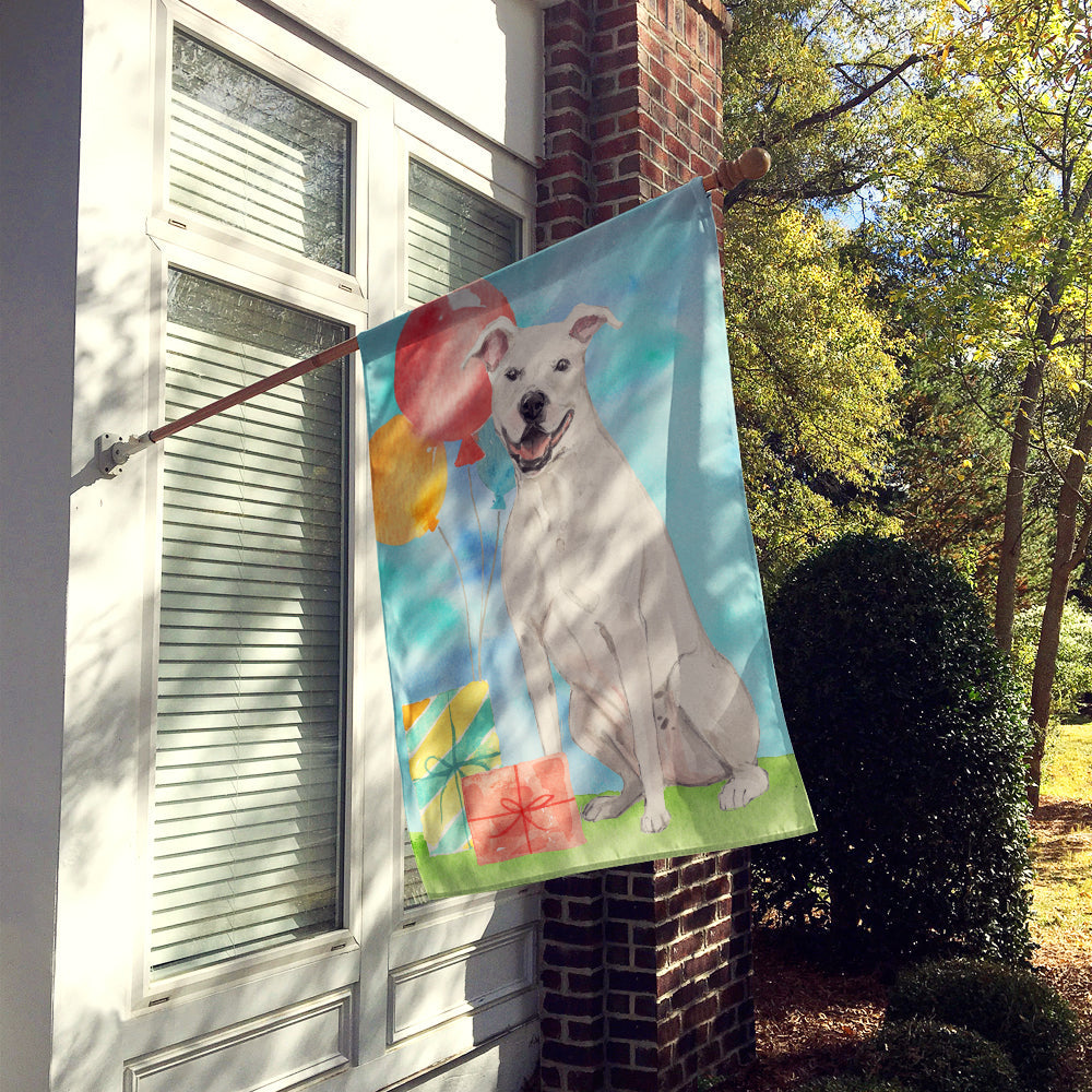 Happy Birthday White Staffordshire Bull Terrier House Flag 28x40 Porch Sleeve Pole Decorative Outside Yard Banner Artwork Wall Hanging, Polyester