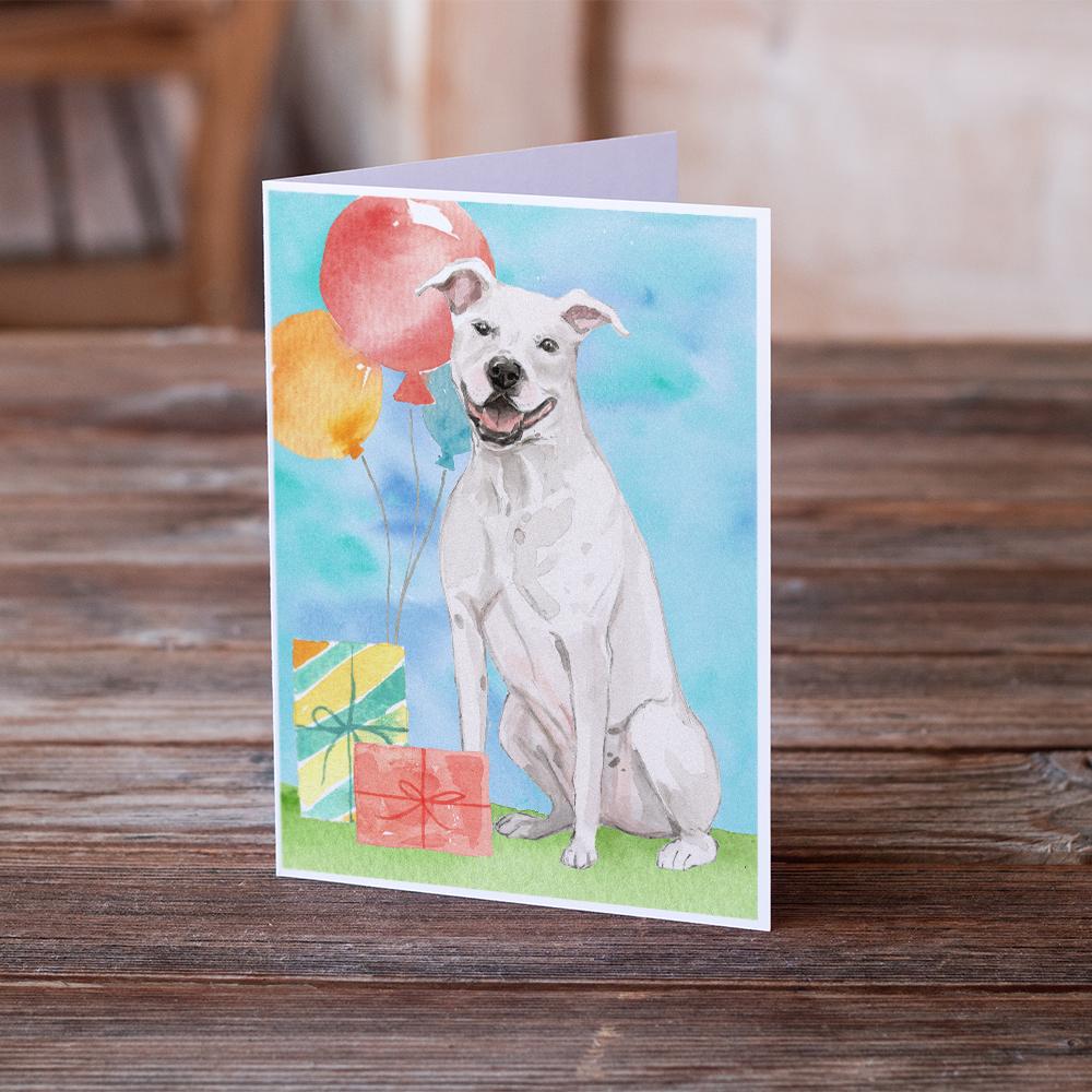 Happy Birthday White Staffordshire Bull Terrier Greeting Cards Pack of 8 Blank Cards with Envelopes Whimsical A7 Size 5x7