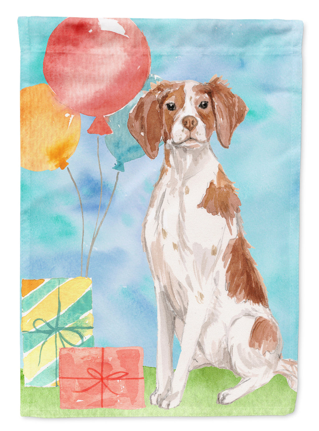Happy Birthday Brittany Spaniel House Flag 28x40 Porch Sleeve Pole Decorative Outside Yard Banner Artwork Wall Hanging, Polyester