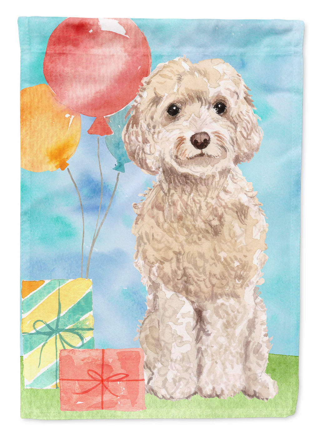 Happy Birthday Champagne Cockapoo House Flag 28x40 Porch Sleeve Pole Decorative Outside Yard Banner Artwork Wall Hanging, Polyester