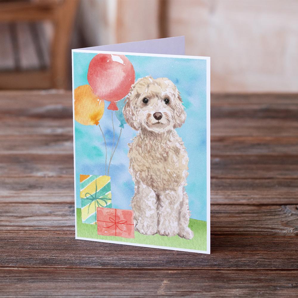 Happy Birthday Champagne Cockapoo Greeting Cards Pack of 8 Blank Cards with Envelopes Whimsical A7 Size 5x7