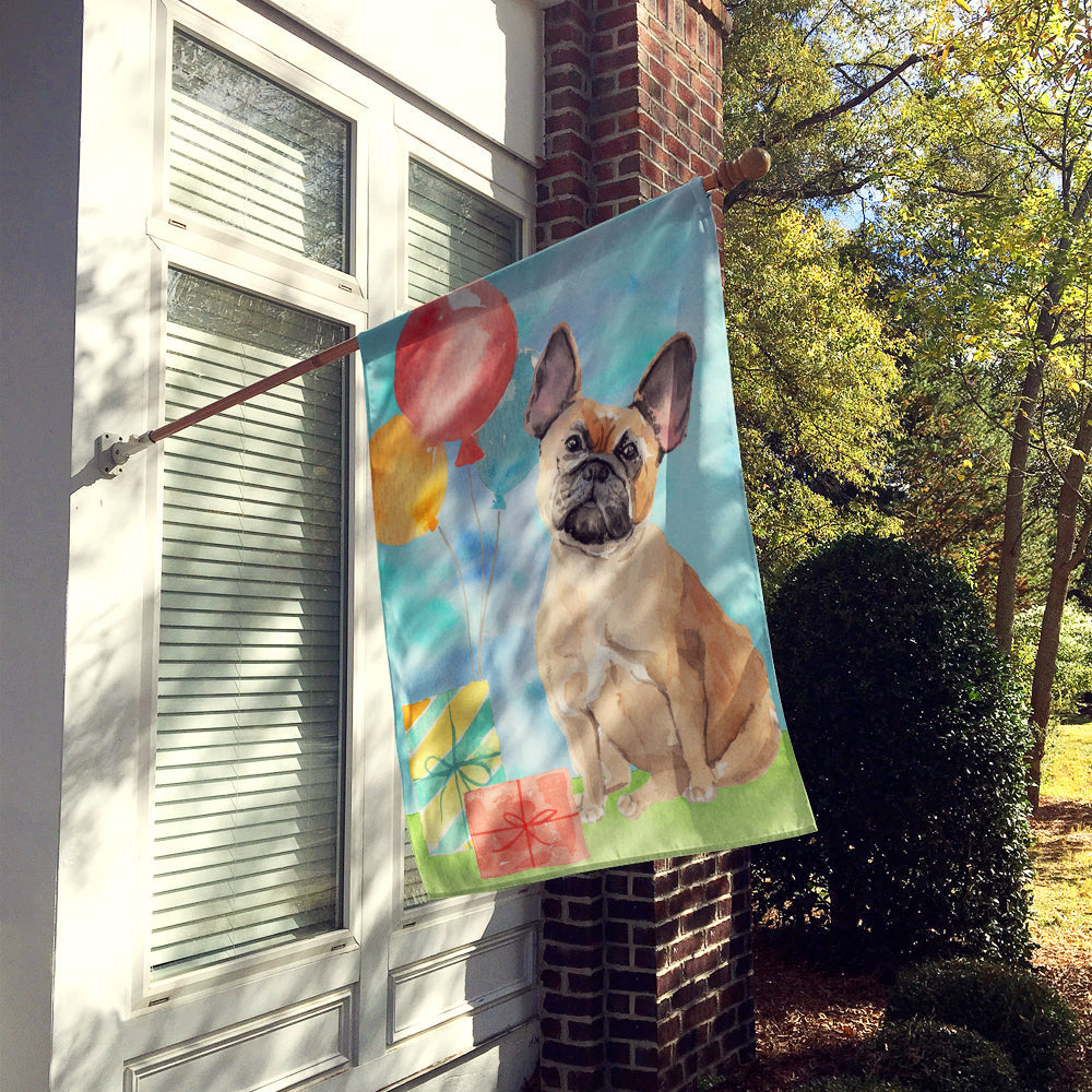 Happy Birthday Fawn French Bulldog House Flag 28x40 Porch Sleeve Pole Decorative Outside Yard Banner Artwork Wall Hanging, Polyester