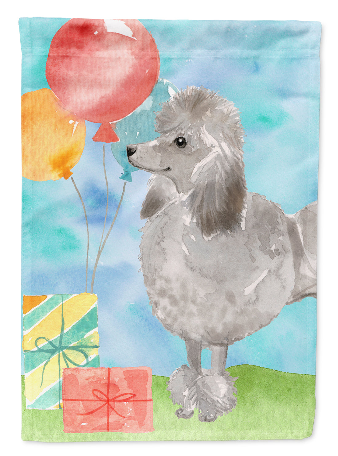 Happy Birthday Silver Poodle House Flag 28x40 Porch Sleeve Pole Decorative Outside Yard Banner Artwork Wall Hanging, Polyester