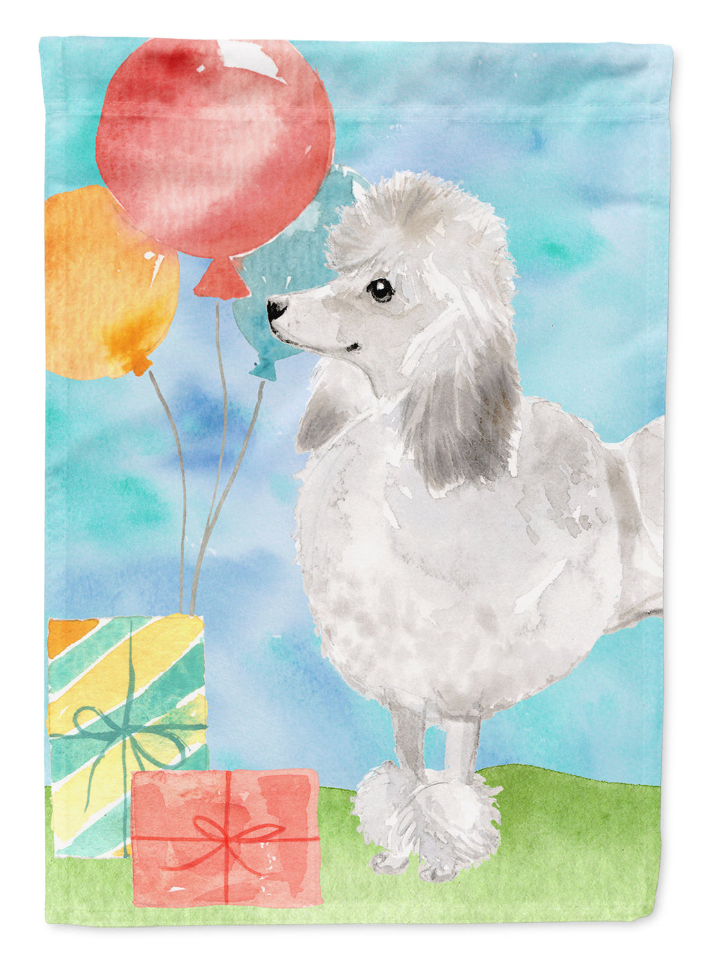 Happy Birthday Silver Poodle House Flag 28x40 Porch Sleeve Pole Decorative Outside Yard Banner Artwork Wall Hanging, Polyester