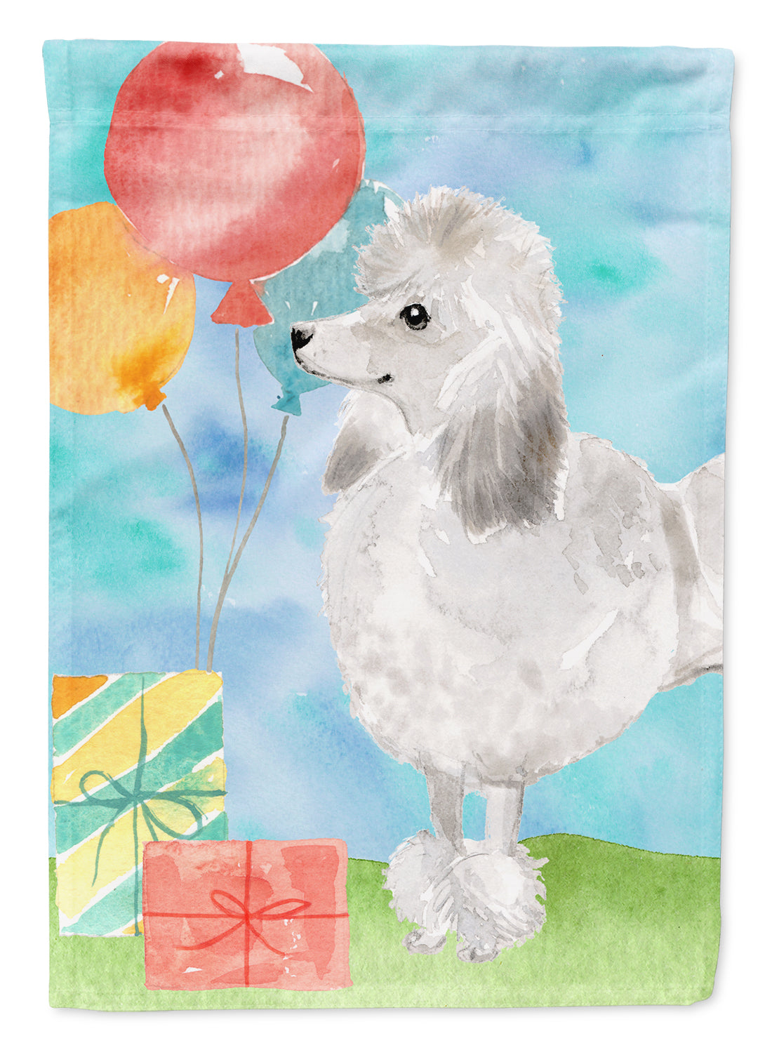Happy Birthday Silver Poodle House Flag 28x40 Porch Sleeve Pole Decorative Outside Yard Banner Artwork Wall Hanging, Polyester