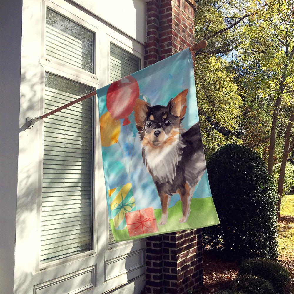 Happy Birthday Long Haired Chihuahua House Flag 28x40 Porch Sleeve Pole Decorative Outside Yard Banner Artwork Wall Hanging, Polyester