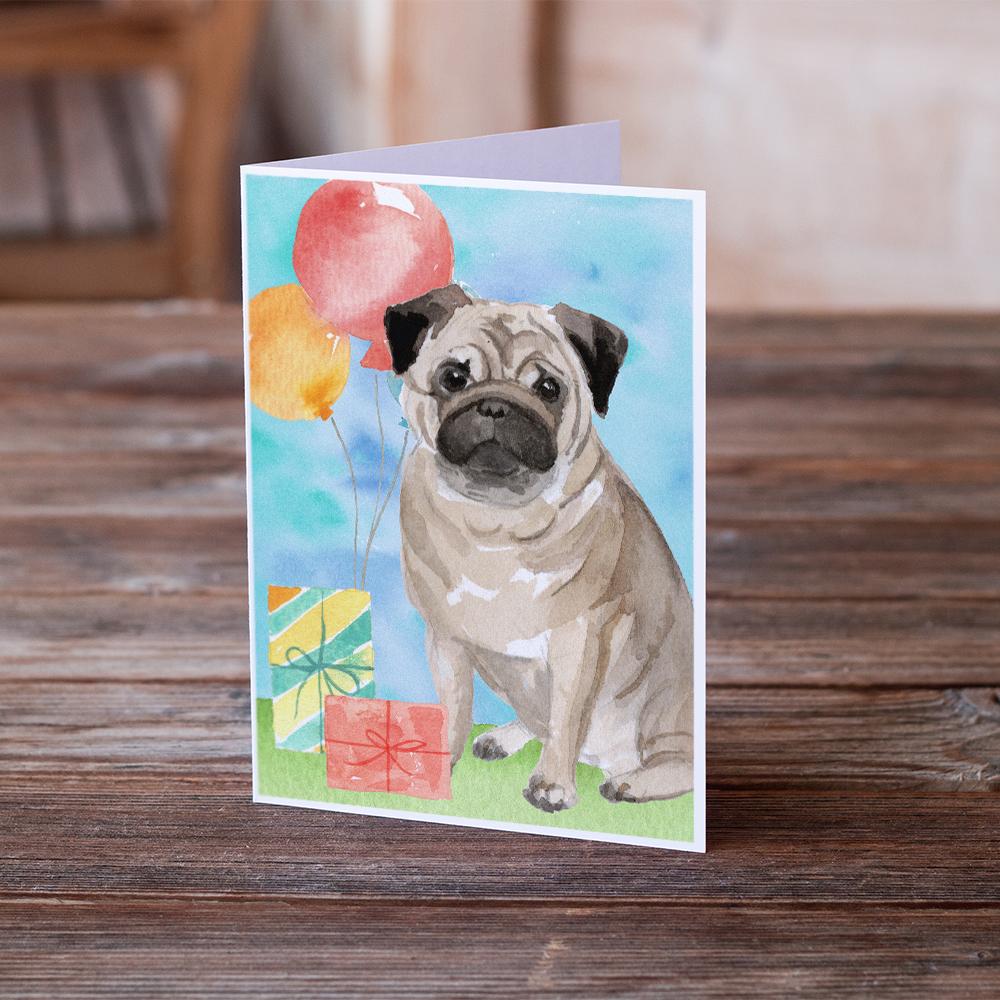 Happy Birthday Pug Greeting Cards Pack of 8 Blank Cards with Envelopes Whimsical A7 Size 5x7