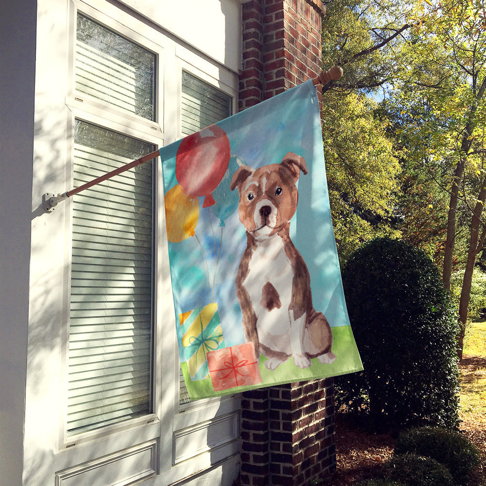 Happy Birthday Red Staffie Bull House Flag 28x40 Porch Sleeve Pole Decorative Outside Yard Banner Artwork Wall Hanging, Polyester