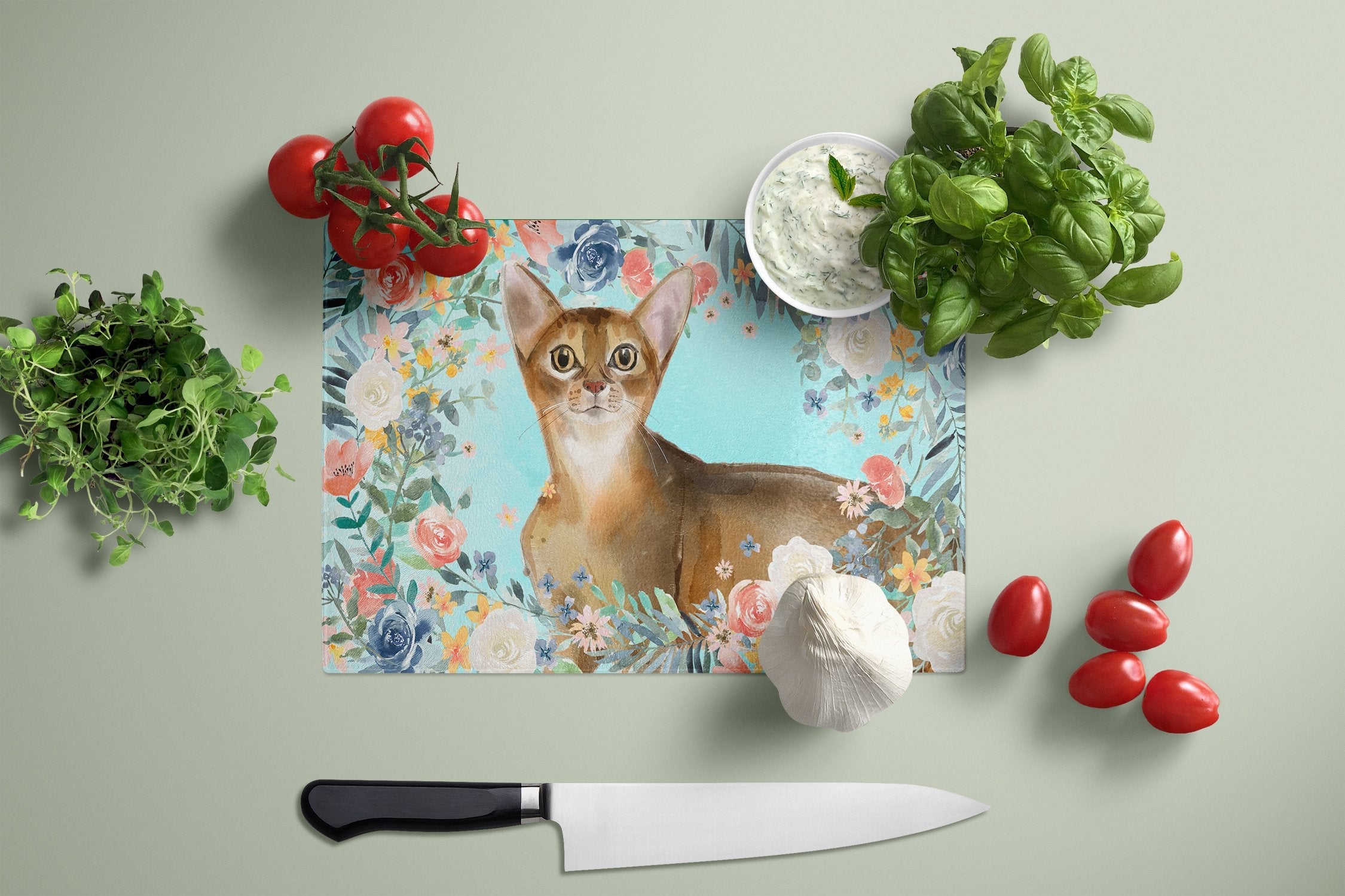 Abyssinian Spring Flowers Cutting Board Tempered Glass Kitchen Cutting Surface, Heat Resistant Chopping, Non-Slip Feet, Food Prep & Serving