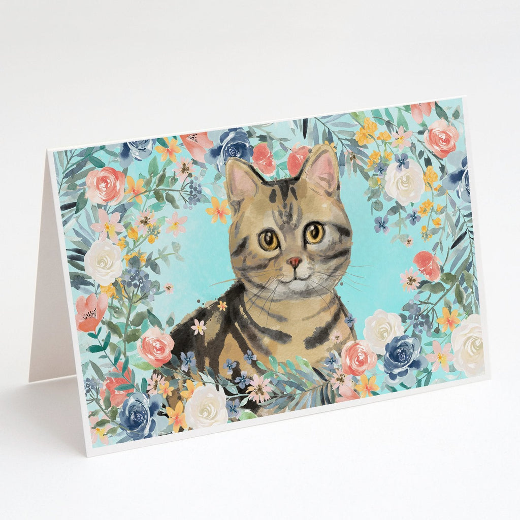 American Shorthair Brown Tabby Spring Flowers Greeting Cards Pack of 8 Blank Cards with Envelopes Whimsical A7 Size 5x7