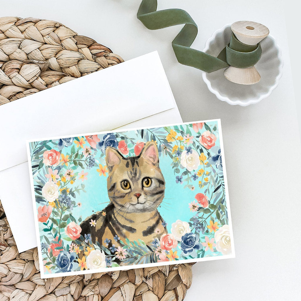 American Shorthair Brown Tabby Spring Flowers Greeting Cards Pack of 8 Blank Cards with Envelopes Whimsical A7 Size 5x7