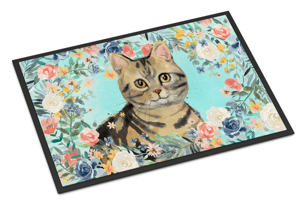 American Shorthair Brown Tabby Spring Flowers Doormat Indoor Outdoor 24H X 36W Front Door Mat Rugs for Entryway, Non Slip Washable Low Pile,