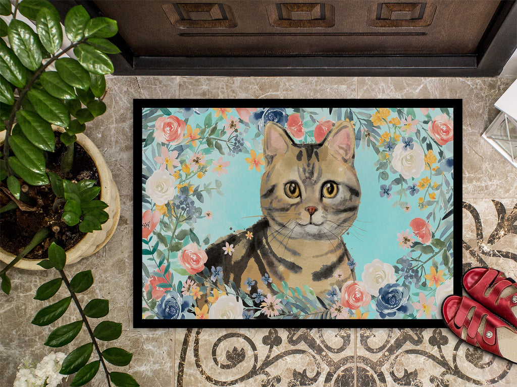 American Shorthair Brown Tabby Spring Flowers Doormat Indoor Outdoor 24H X 36W Front Door Mat Rugs for Entryway, Non Slip Washable Low Pile,
