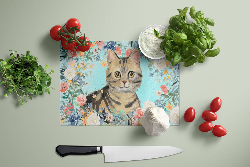 American Shorthair Brown Tabby Spring Flowers Cutting Board Tempered Glass Kitchen Cutting Surface, Heat Resistant Chopping, Non-Slip Feet, Food Prep & Serving