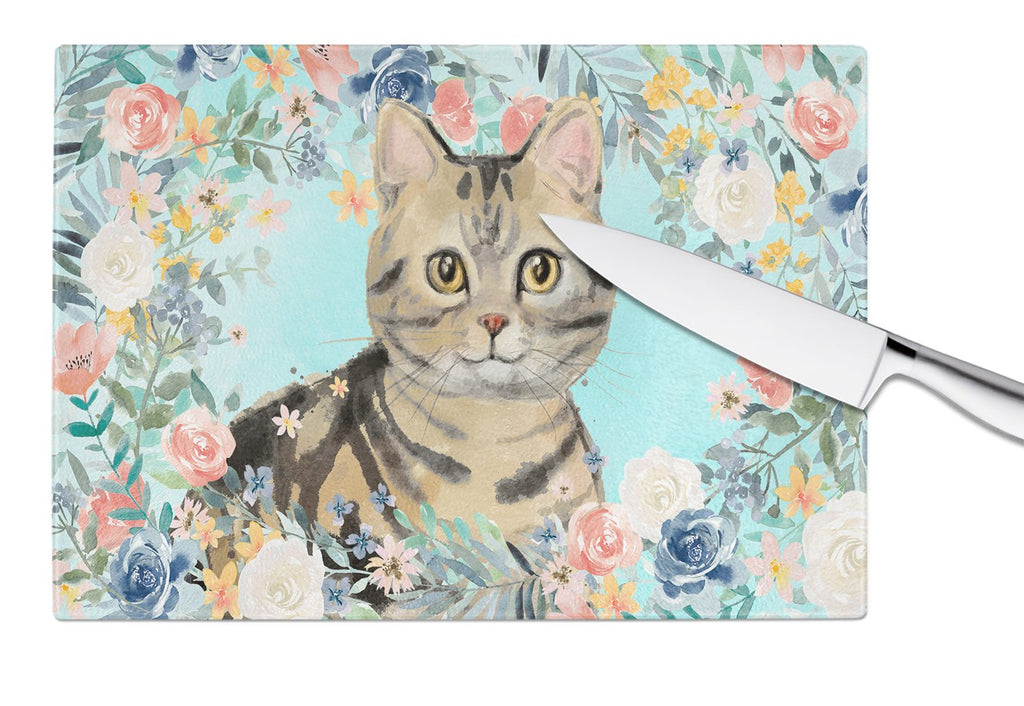 American Shorthair Brown Tabby Spring Flowers Cutting Board Tempered Glass Kitchen Cutting Surface, Heat Resistant Chopping, Non-Slip Feet, Food Prep & Serving