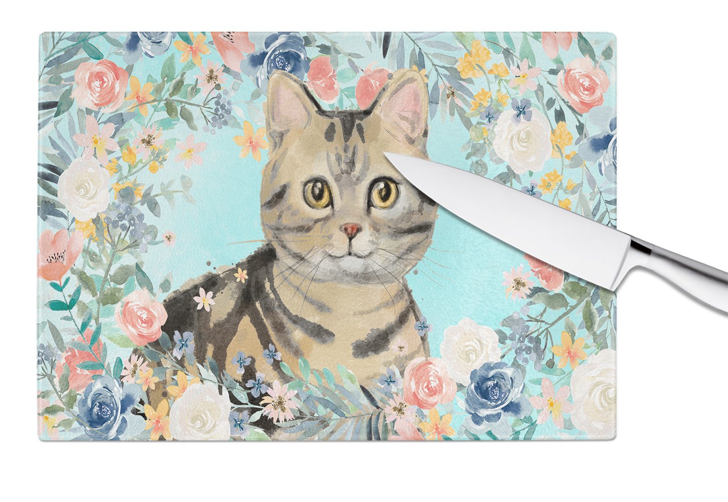 American Shorthair Brown Tabby Spring Flowers Cutting Board Tempered Glass Kitchen Cutting Surface, Heat Resistant Chopping, Non-Slip Feet, Food Prep & Serving