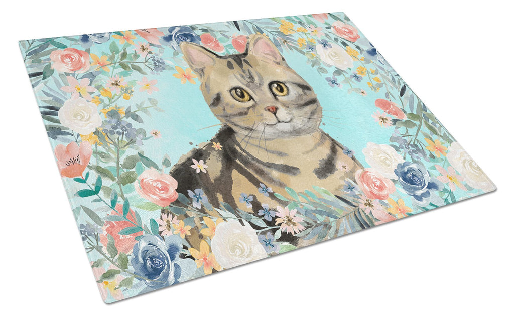 American Shorthair Brown Tabby Spring Flowers Cutting Board Tempered Glass Kitchen Cutting Surface, Heat Resistant Chopping, Non-Slip Feet, Food Prep & Serving