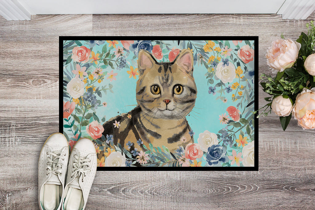 American Shorthair Brown Tabby Spring Flowers Doormat Indoor Outdoor 18H X 27W Front Door Mat Rugs for Entryway, Non Slip Washable