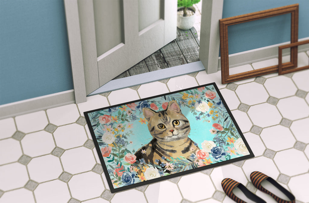 American Shorthair Brown Tabby Spring Flowers Doormat Indoor Outdoor 18H X 27W Front Door Mat Rugs for Entryway, Non Slip Washable
