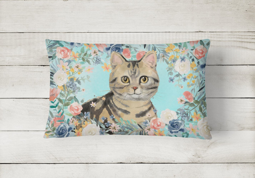 American Shorthair Brown Tabby Spring Flowers Decorative Throw Pillow 12x16 Indoor Outdoor Accent Cushion, Fabric Cover with Insert for Sofa, Bed, Porch & Living Room