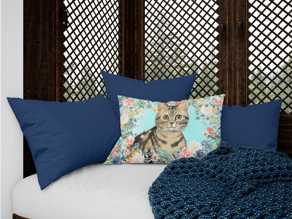 American Shorthair Brown Tabby Spring Flowers Decorative Throw Pillow 12x16 Indoor Outdoor Accent Cushion, Fabric Cover with Insert for Sofa, Bed, Porch & Living Room