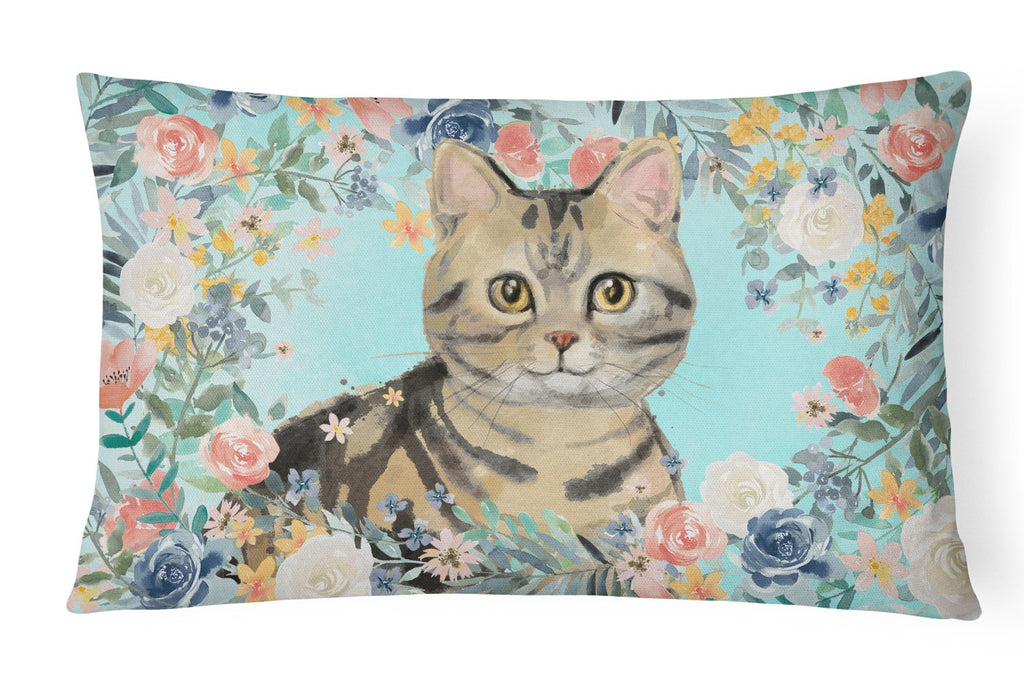 American Shorthair Brown Tabby Spring Flowers Decorative Throw Pillow 12x16 Indoor Outdoor Accent Cushion, Fabric Cover with Insert for Sofa, Bed, Porch & Living Room