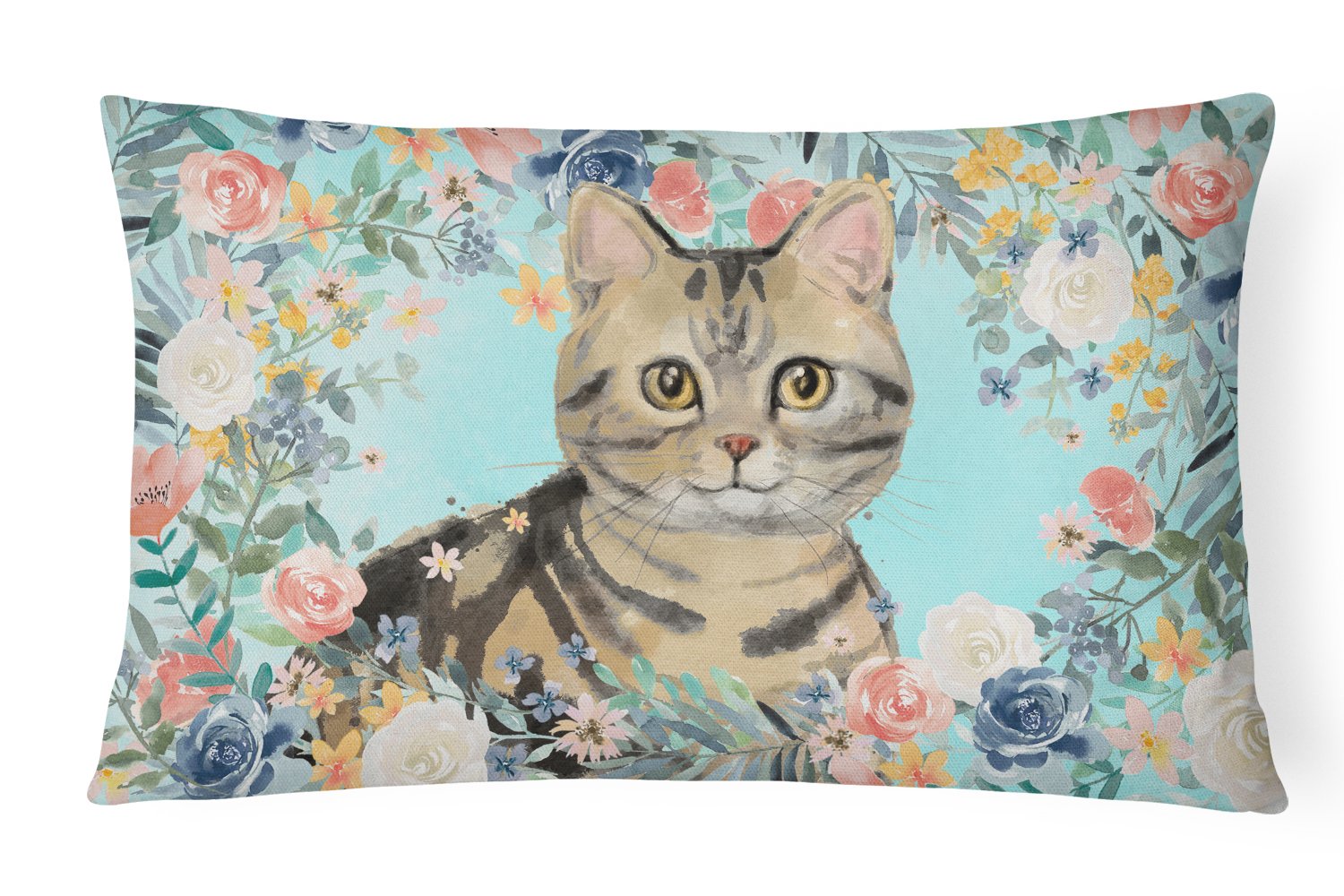 American Shorthair Brown Tabby Spring Flowers Decorative Throw Pillow 12x16 Indoor Outdoor Accent Cushion, Fabric Cover with Insert for Sofa, Bed, Porch & Living Room