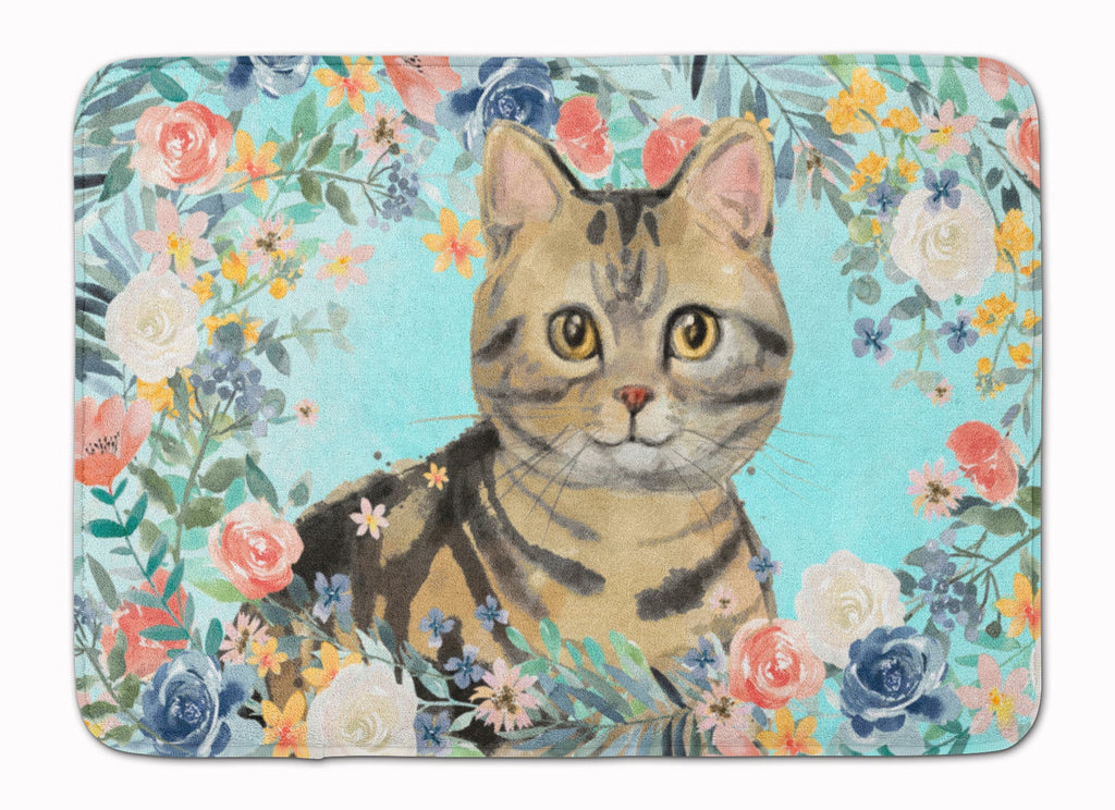 American Shorthair Brown Tabby Spring Flowers Memory Foam Kitchen Mat Machine Washable Anti-Fatigue Cushion Comfort Bath or Kitchen Rug