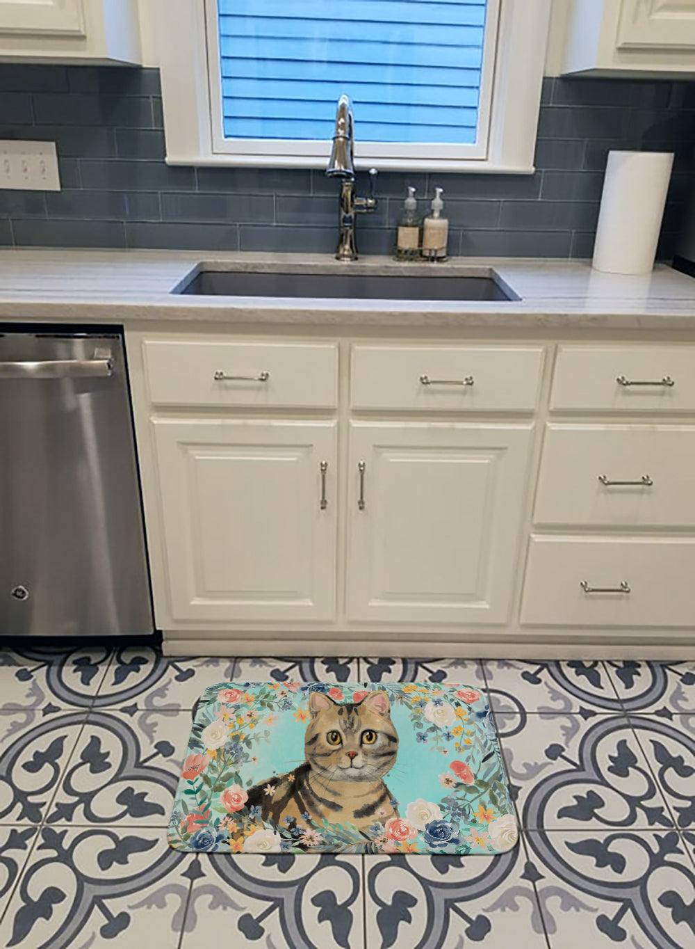 American Shorthair Brown Tabby Spring Flowers Memory Foam Kitchen Mat Machine Washable Anti-Fatigue Cushion Comfort Bath or Kitchen Rug