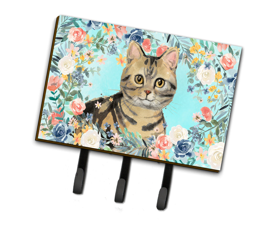American Shorthair Brown Tabby Spring Flowers Leash or Key Holder Wall Hooks, Coat Rack Wall Mount, for Hanging Keys, Towels, Aprons, Leashes